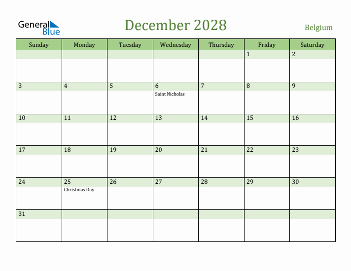 December 2028 Calendar with Belgium Holidays