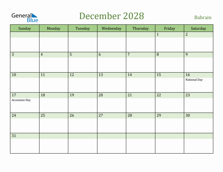 December 2028 Calendar with Bahrain Holidays