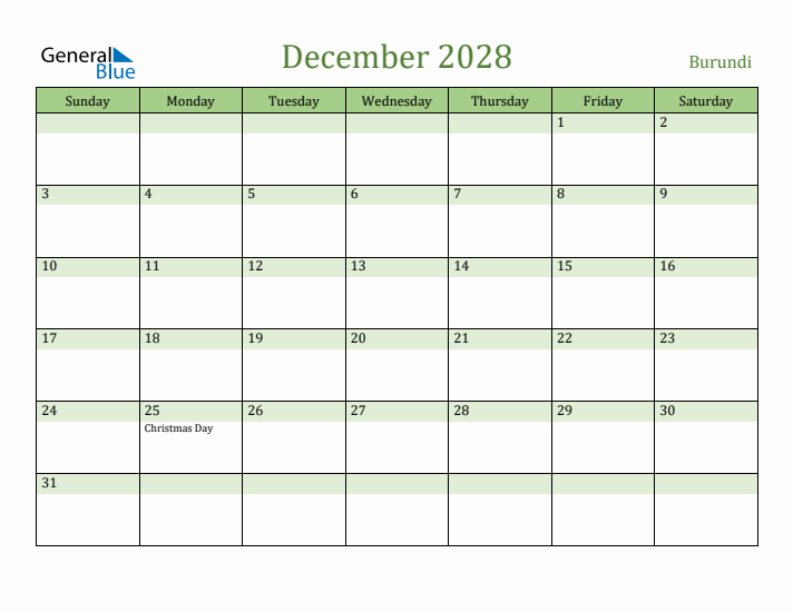 December 2028 Calendar with Burundi Holidays