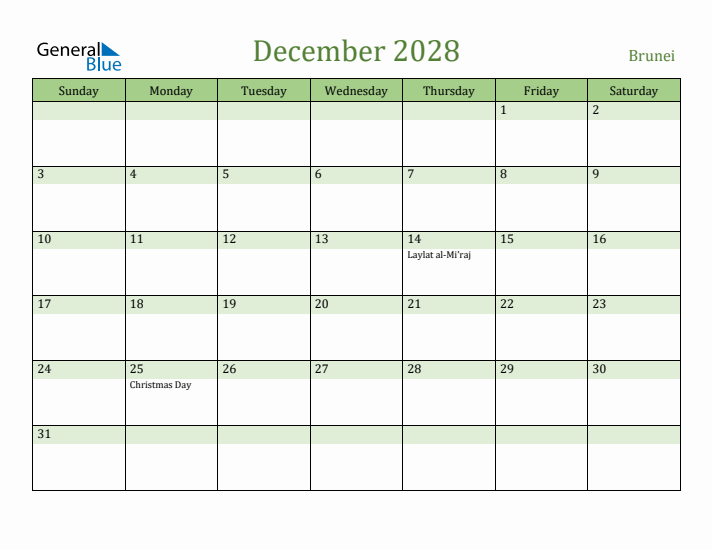 December 2028 Calendar with Brunei Holidays