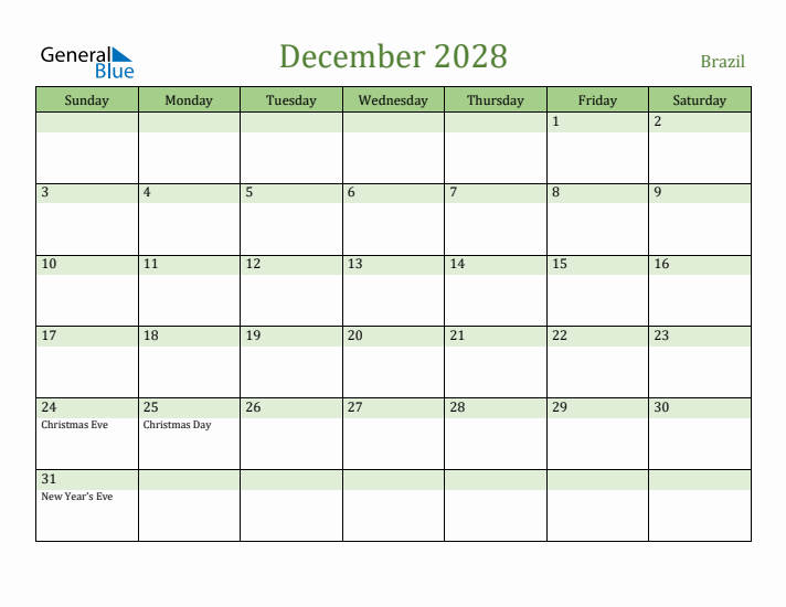 December 2028 Calendar with Brazil Holidays