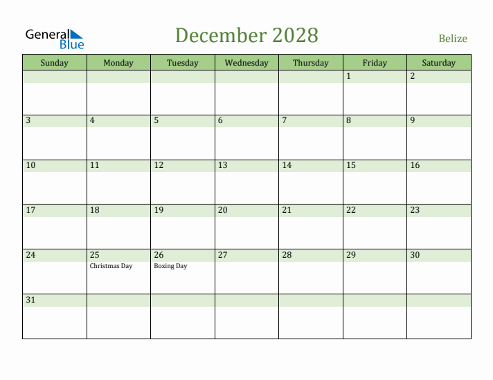 December 2028 Calendar with Belize Holidays