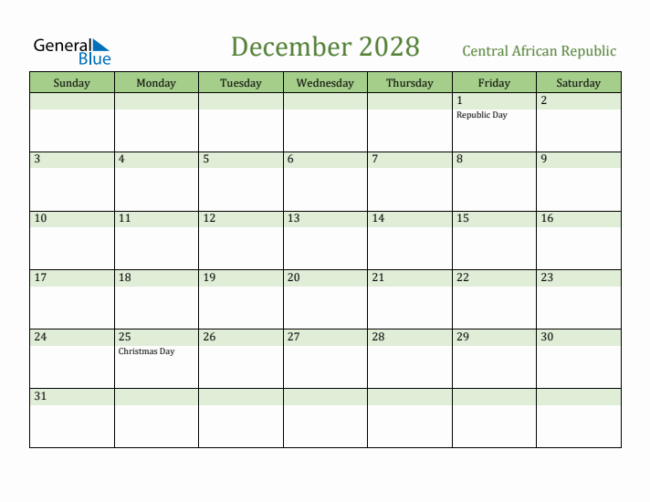 December 2028 Calendar with Central African Republic Holidays