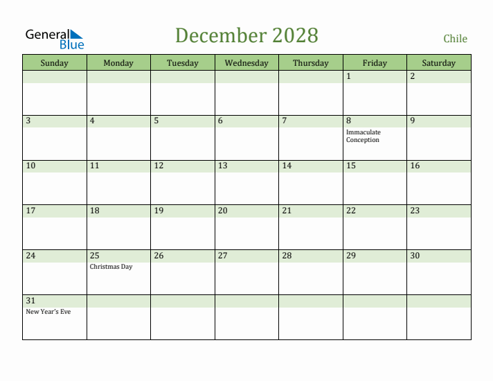 December 2028 Calendar with Chile Holidays