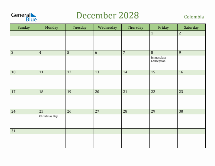 December 2028 Calendar with Colombia Holidays