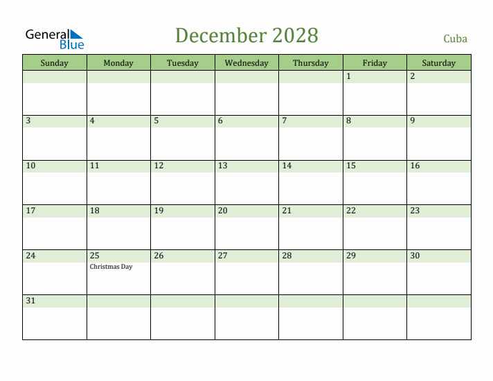 December 2028 Calendar with Cuba Holidays