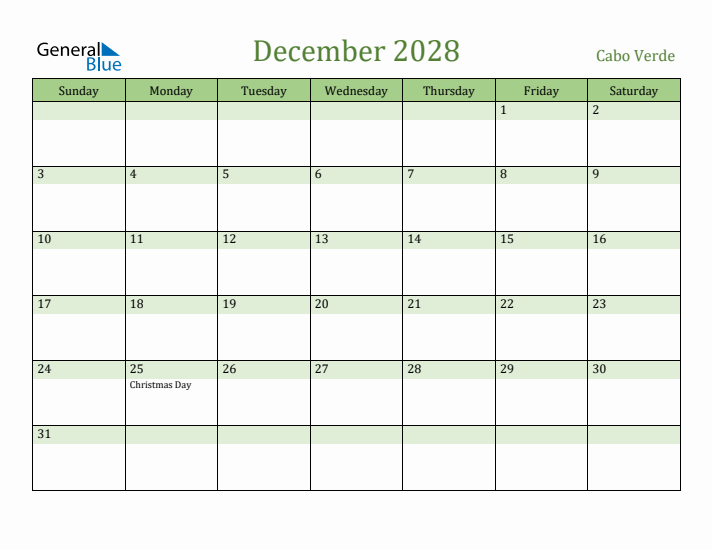 December 2028 Calendar with Cabo Verde Holidays