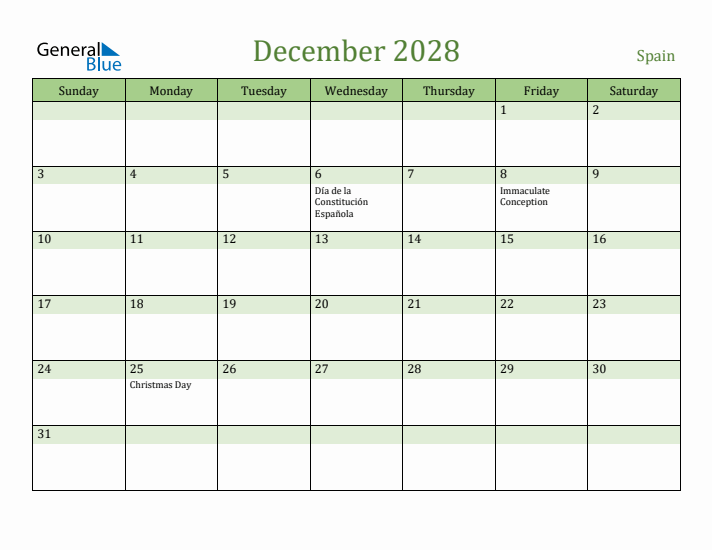 December 2028 Calendar with Spain Holidays