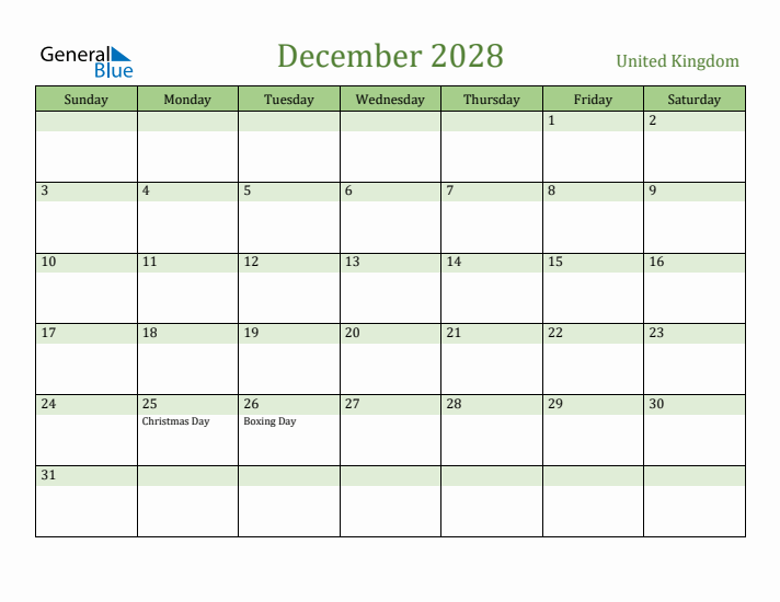 December 2028 Calendar with United Kingdom Holidays