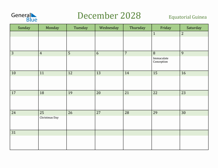 December 2028 Calendar with Equatorial Guinea Holidays