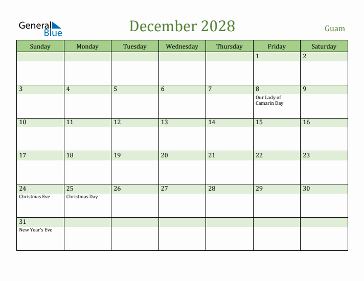 December 2028 Calendar with Guam Holidays