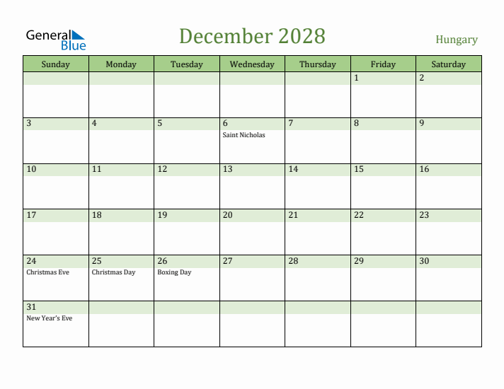 December 2028 Calendar with Hungary Holidays