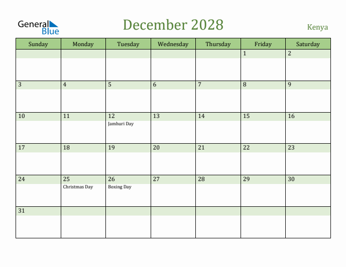 December 2028 Calendar with Kenya Holidays