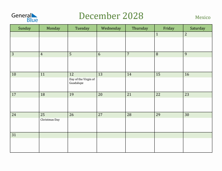 December 2028 Calendar with Mexico Holidays