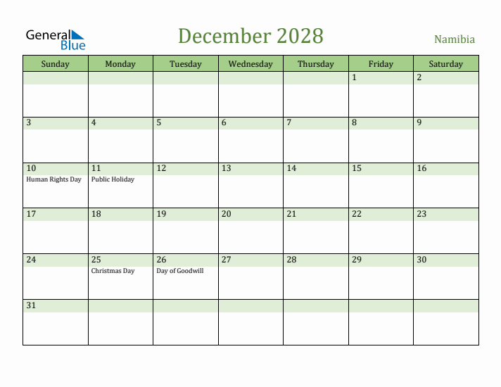 December 2028 Calendar with Namibia Holidays