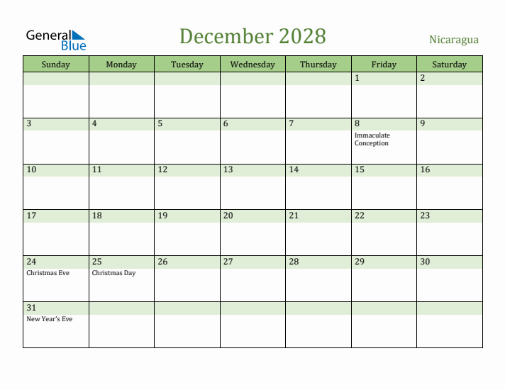 December 2028 Calendar with Nicaragua Holidays