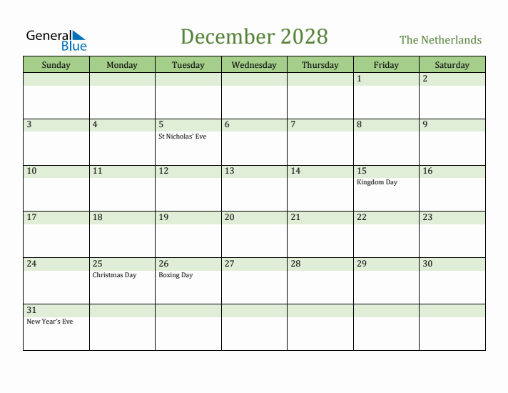 December 2028 Calendar with The Netherlands Holidays