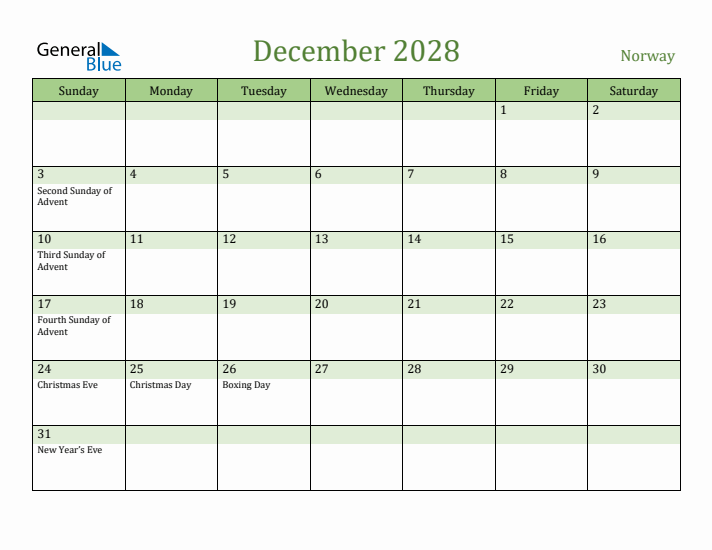 December 2028 Calendar with Norway Holidays