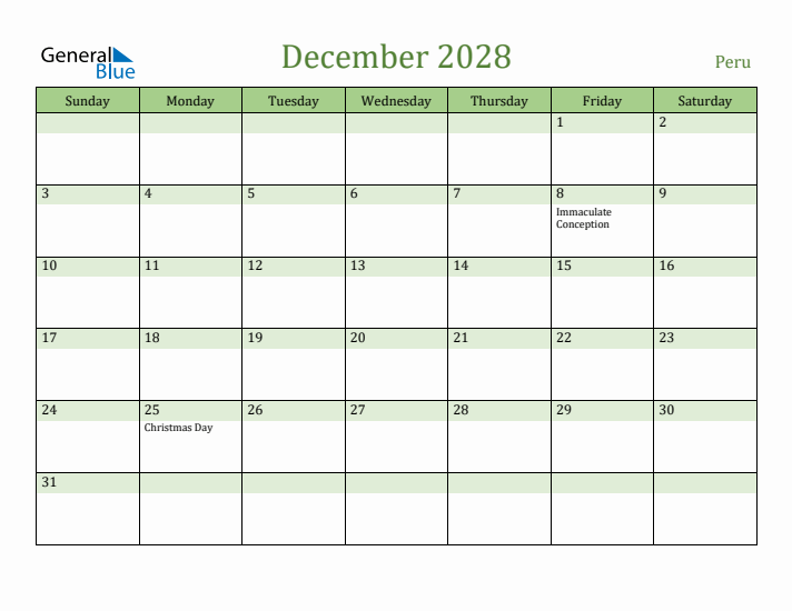 December 2028 Calendar with Peru Holidays