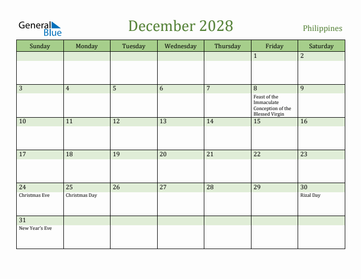 December 2028 Calendar with Philippines Holidays