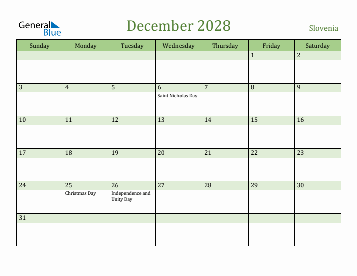 December 2028 Calendar with Slovenia Holidays