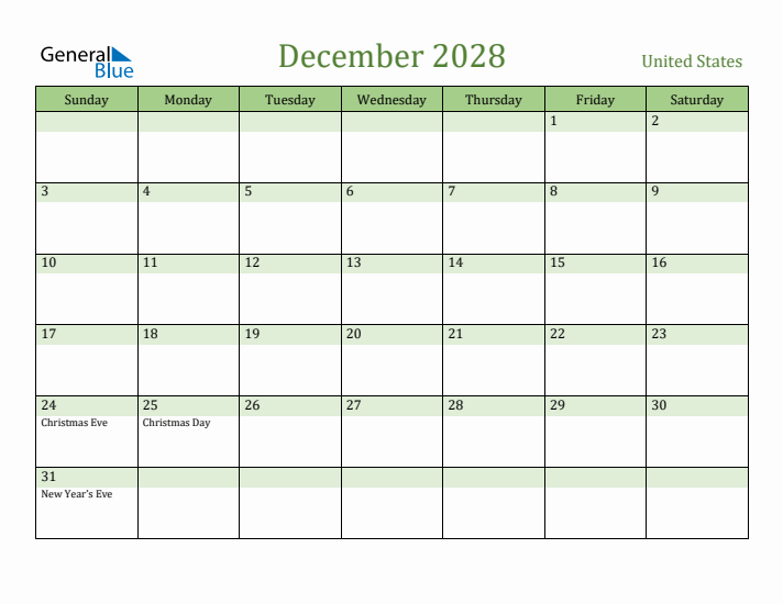 December 2028 Calendar with United States Holidays