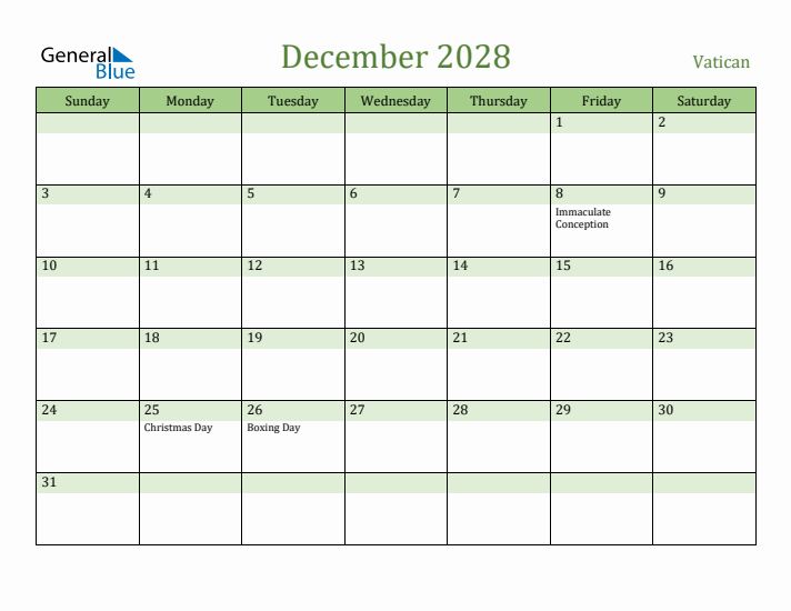 December 2028 Calendar with Vatican Holidays