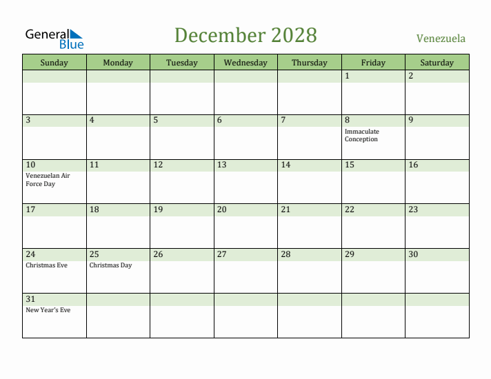 December 2028 Calendar with Venezuela Holidays