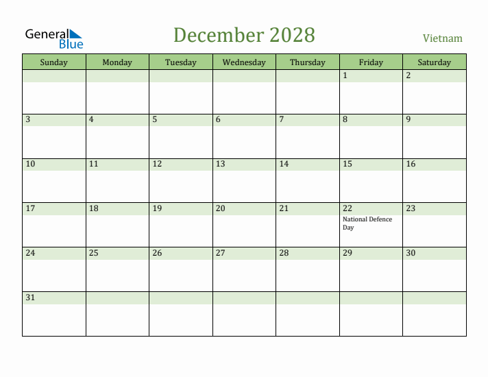 December 2028 Calendar with Vietnam Holidays