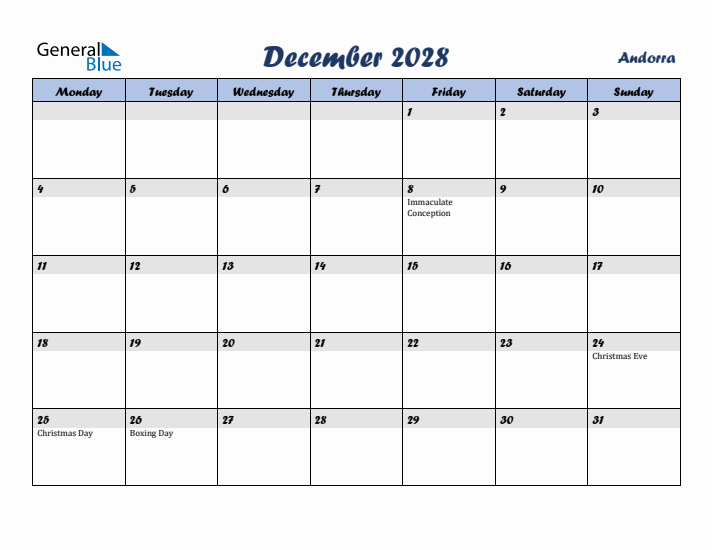 December 2028 Calendar with Holidays in Andorra