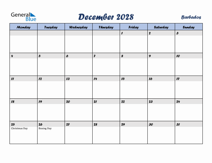 December 2028 Calendar with Holidays in Barbados