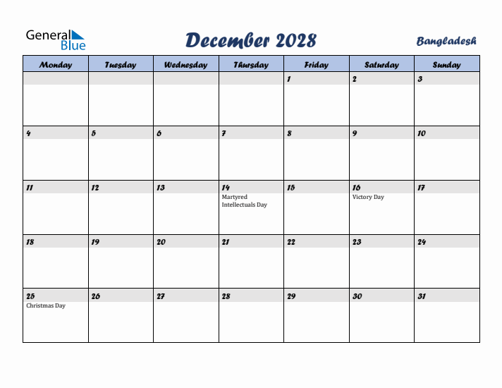 December 2028 Calendar with Holidays in Bangladesh