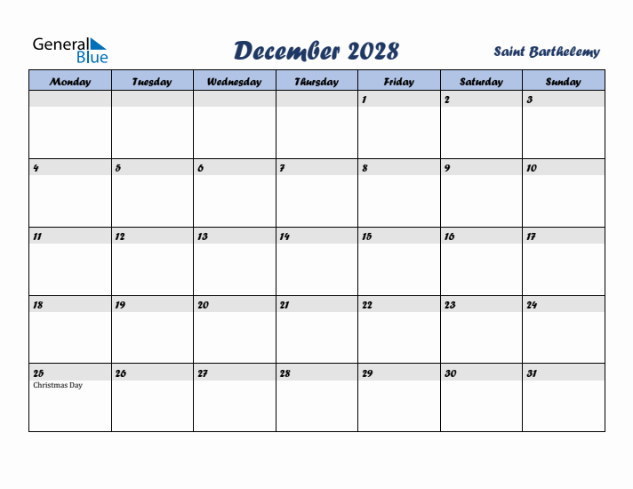 December 2028 Calendar with Holidays in Saint Barthelemy