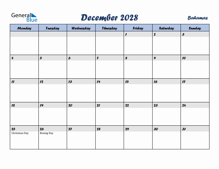 December 2028 Calendar with Holidays in Bahamas