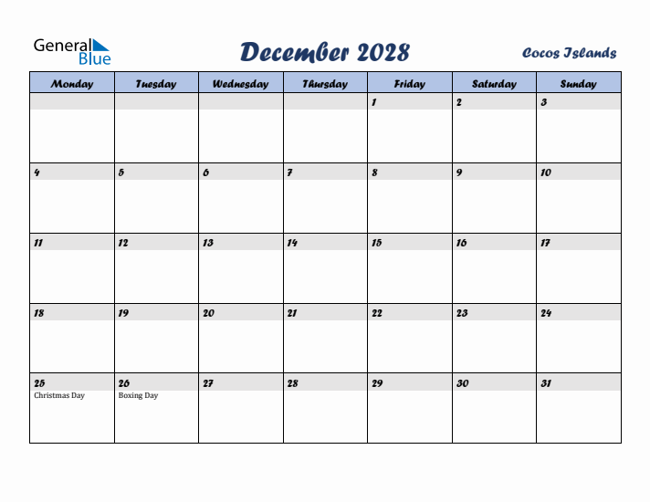 December 2028 Calendar with Holidays in Cocos Islands