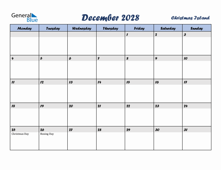 December 2028 Calendar with Holidays in Christmas Island