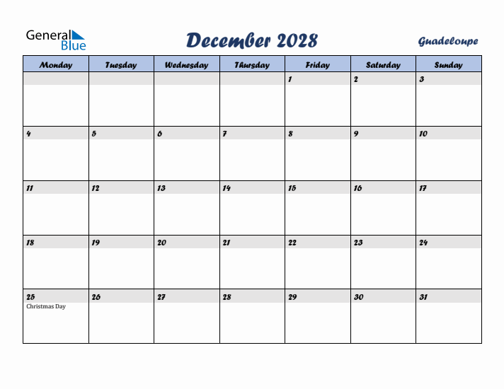 December 2028 Calendar with Holidays in Guadeloupe