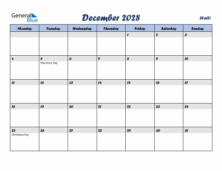 December 2028 Calendar with Holidays in Haiti