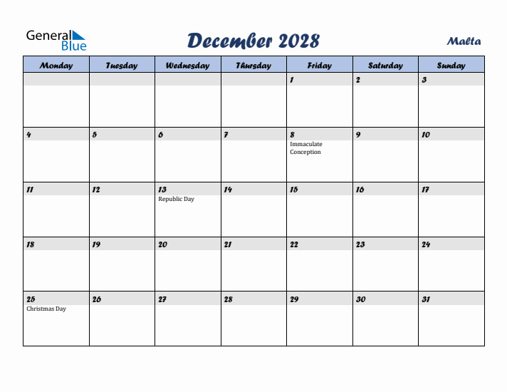 December 2028 Calendar with Holidays in Malta