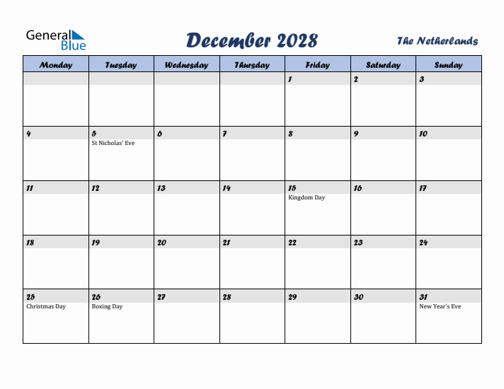 December 2028 Calendar with Holidays in The Netherlands