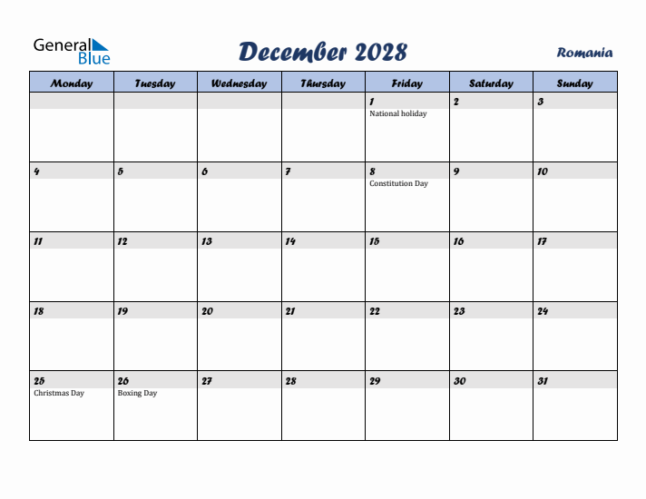 December 2028 Calendar with Holidays in Romania