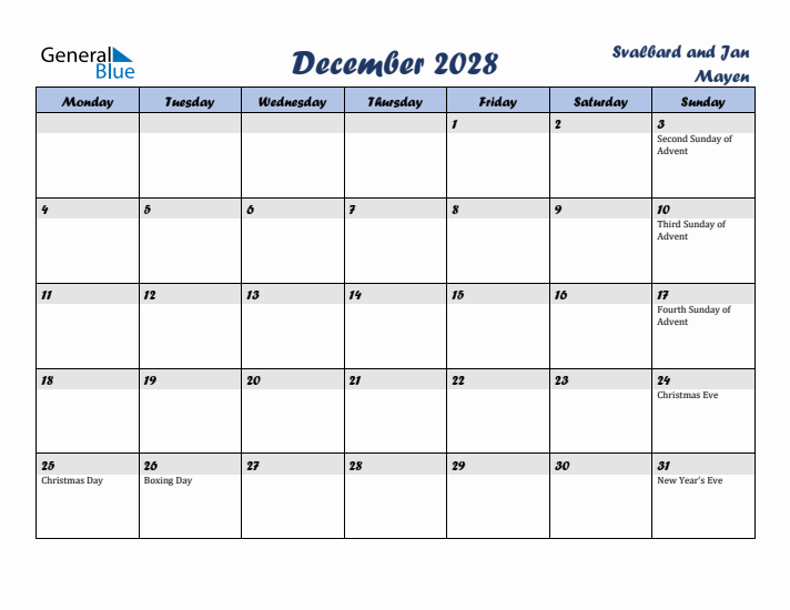 December 2028 Calendar with Holidays in Svalbard and Jan Mayen