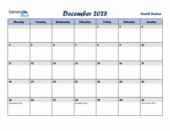 December 2028 Calendar with Holidays in South Sudan