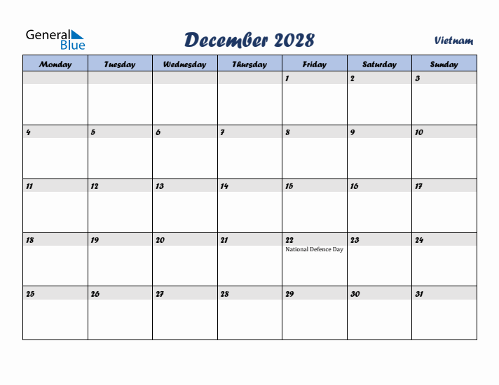 December 2028 Calendar with Holidays in Vietnam