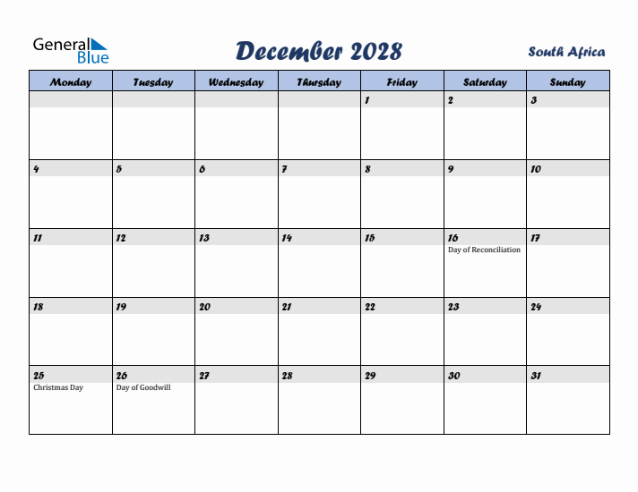 December 2028 Calendar with Holidays in South Africa