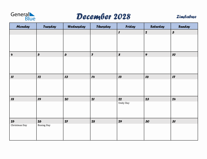 December 2028 Calendar with Holidays in Zimbabwe