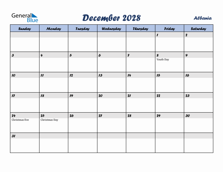 December 2028 Calendar with Holidays in Albania