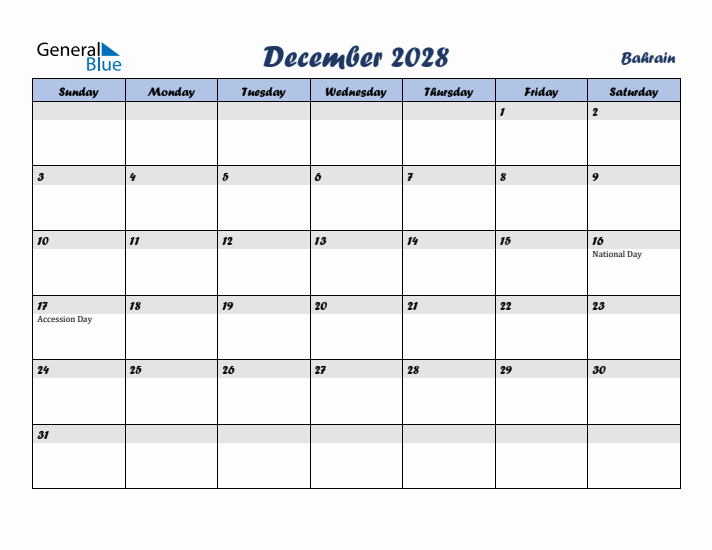 December 2028 Calendar with Holidays in Bahrain