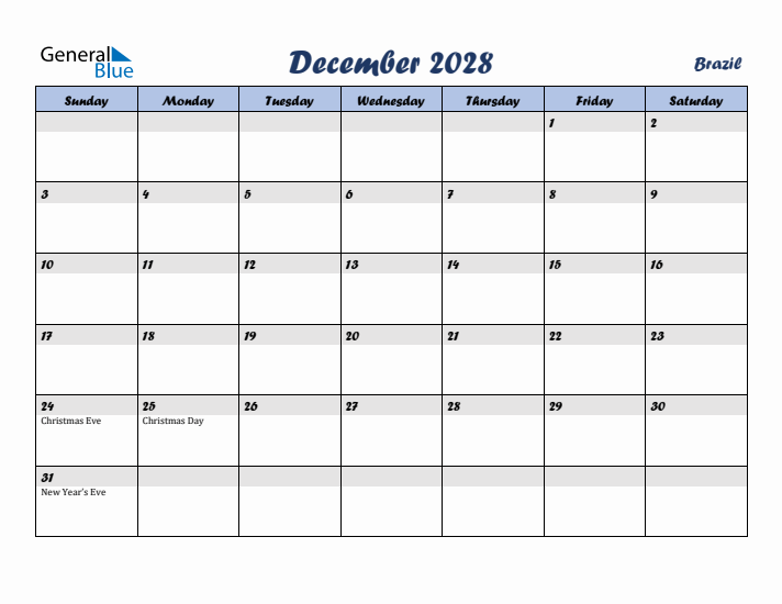 December 2028 Calendar with Holidays in Brazil