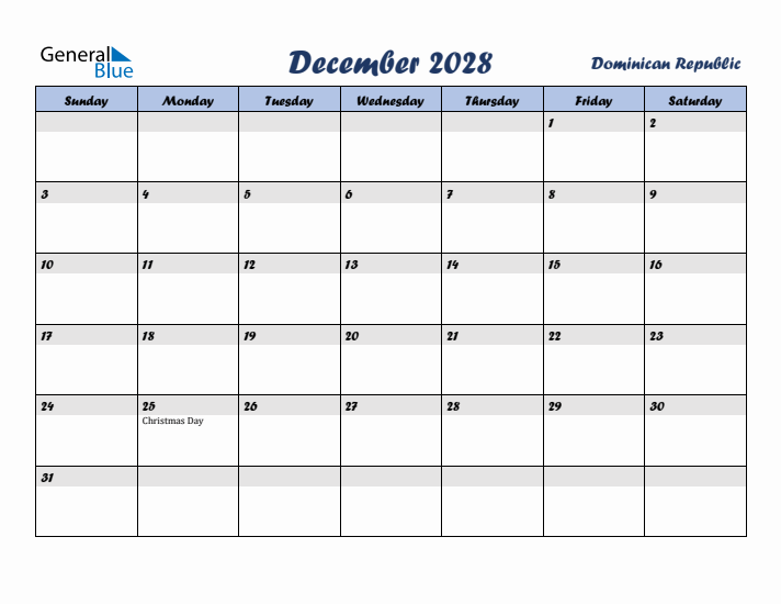 December 2028 Calendar with Holidays in Dominican Republic